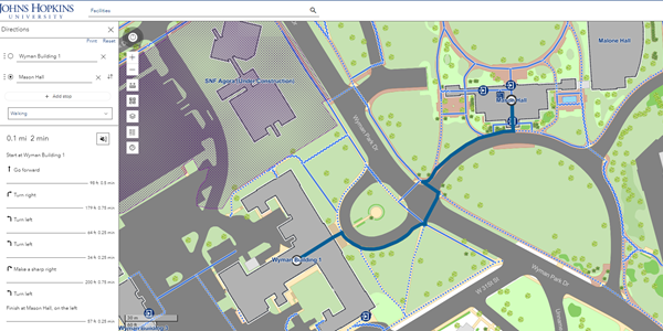 JHU Homewood Campus Wayfinding Application - Walking Directions and Example of Construction Area image